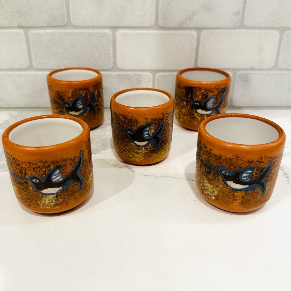 Set of 5 matched Seminario Peru Zamu Terracotta Mini Pottery Cups Motif